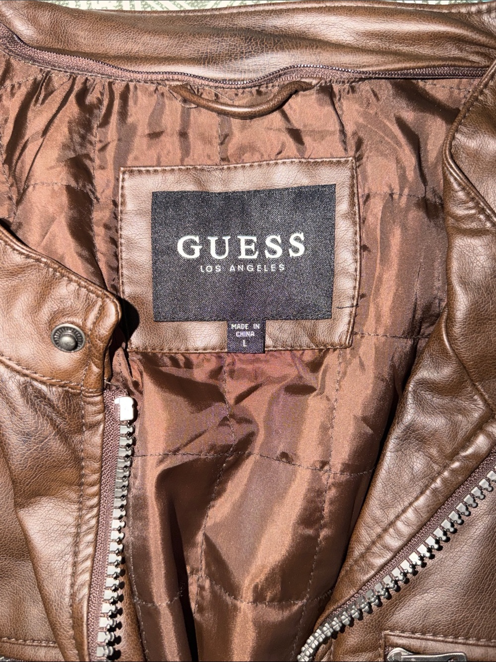 GUESS Brown Faux Leather Biker Jacket with Silver Hardware